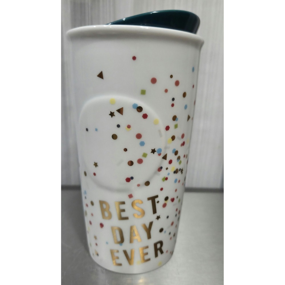 Starbucks "Best Day Ever" Confetti Ceramic Traveler Tumbler w/Ceramic‎ Lid